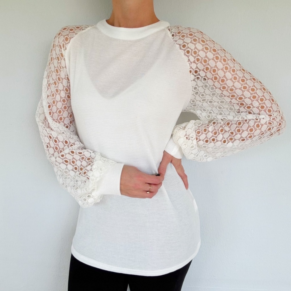 Miholl white sheer lace balloon sleeve mock neck waffle knit top size XL
